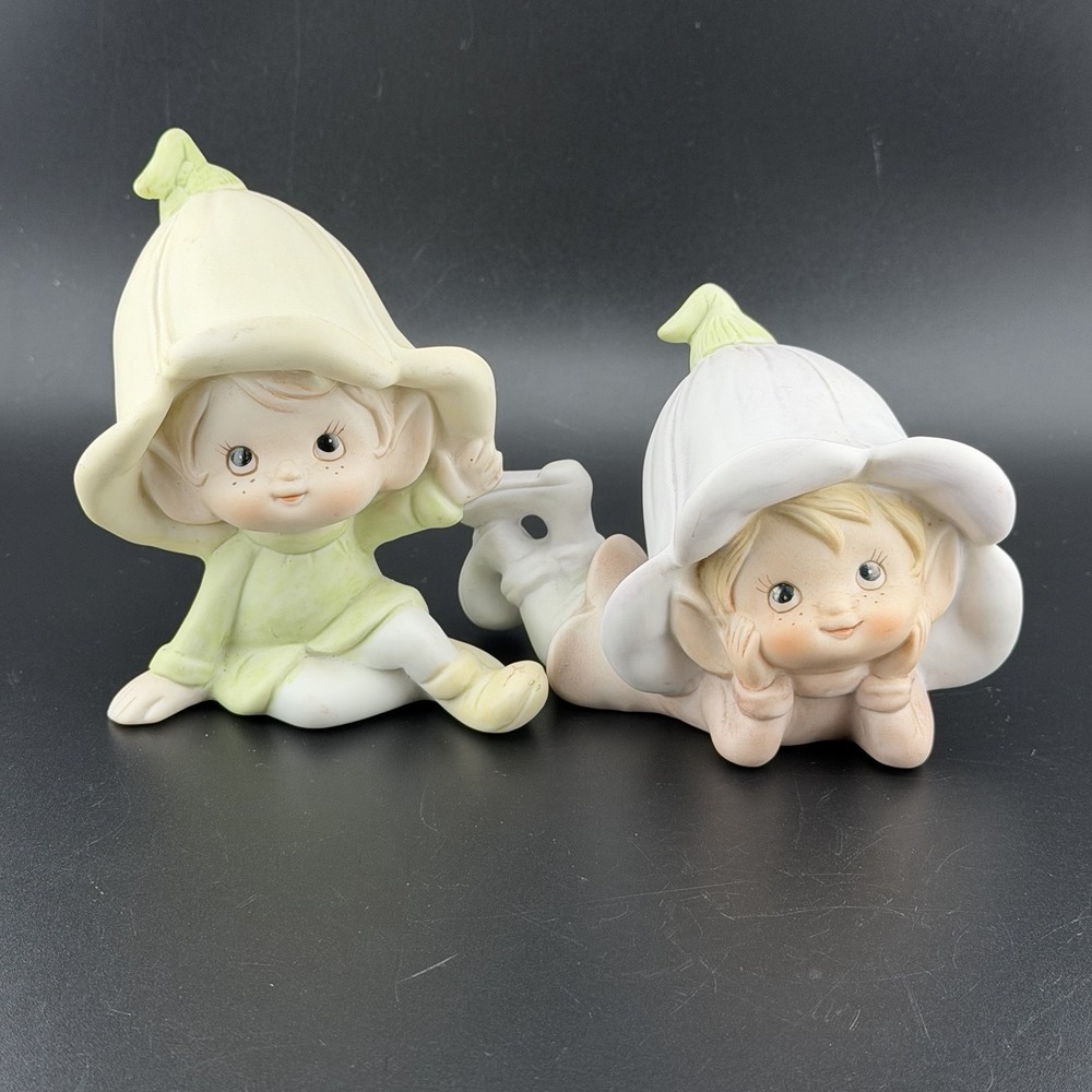 Vintage Homco Flower Petal Pixie Pair #5615 Bisque Porcelain Taiwan 1970s Fairy